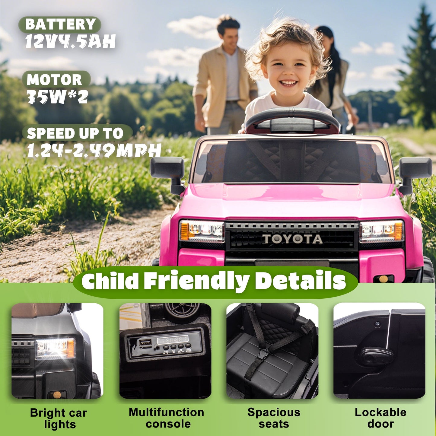 Track Seven 12V Ride on Car, Licensed Toyota LC250 Ride on Truck for Kids, Electric Car with Remote Control, Power Display, Music, Bluetooth, 12V Ride on Toy Car for Boys Girls Age 2+, Pink
