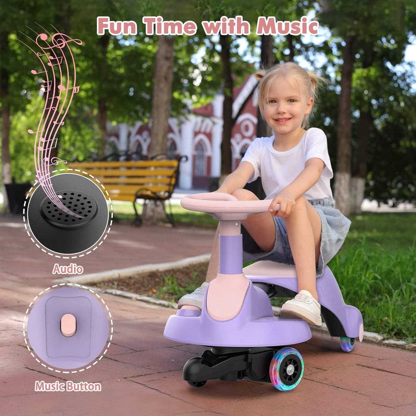 Track Seven 6V Electric Wiggle Car, 2 in 1 Electric Swing Car with Pedal, Flashing Wheels, Bluetooth, 360°, Retractable, Anti-Rollover, Max Speed 3.11mph, Ride on Toy Car for Kids Age 3+, Purple