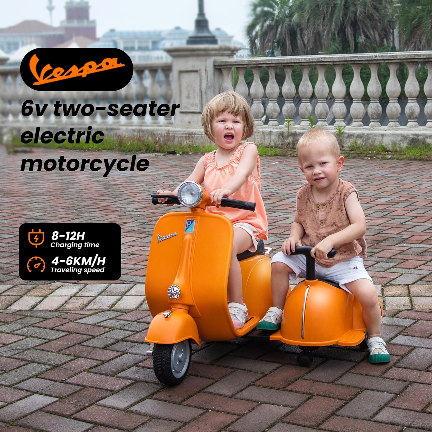 Track Seven 2-Seater Ride on Motorcycle, Licensed Vespa Electric Motorcycle with Side Car, 2-Seater Ride on Car, Music, Storage Bin, Max Speed 3.7mph, Orange