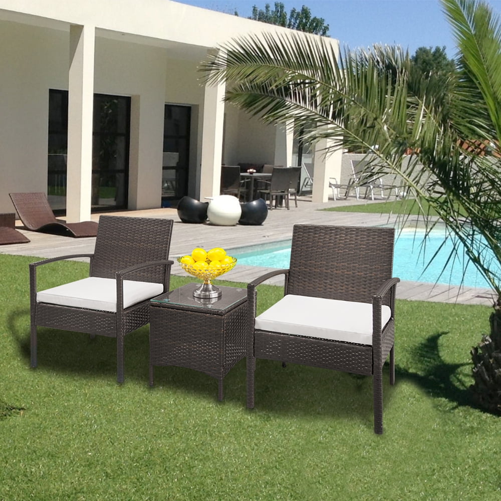 COOKCOK 3 Pieces Patio Set Outdoor Wicker Patio Furniture Sets Modern Bistro Set Rattan Chair Conversation Sets with Coffee Table for Yard and Bistro,Black