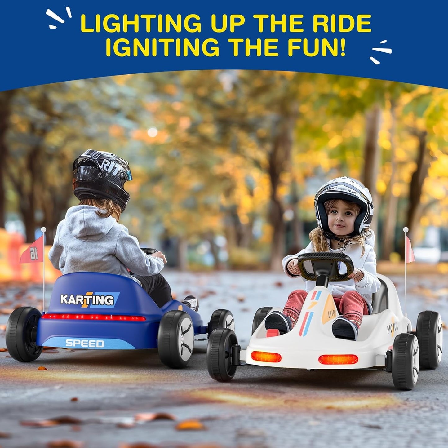 Track Seven 12V Ride on Car, Kids Electric Drifting Go Kart with Remote Control, Flashing Taillight, Bluetooth, Storytelling, Max Speed 3.7 mph, Portable Electric 4-Wheeler Car for Kids Age 3+, White