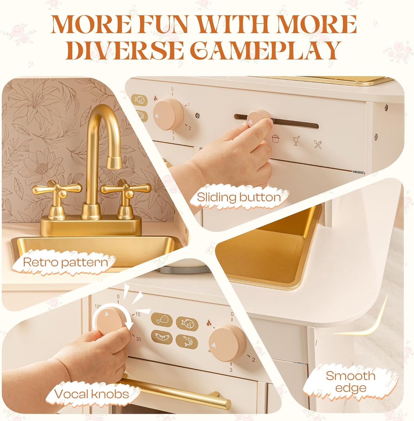 Track Seven Wooden Play Kitchen for Kids, Toddler Kitchen Set with Refrigerator, Dishwasher & Oven – Beige Kitchen Playset with Gold Sink & Handles, Toy Kitchen for Girls and Boys Ages 3