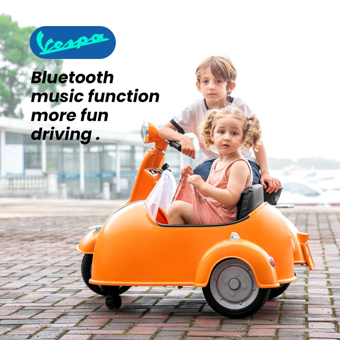 Track Seven 12V Licensed Vespa Ride on Motorcycle with Side Car, 2-Seater Electric Car for Kids Age 3+, Music, Max Speed 4.8mph, Orange