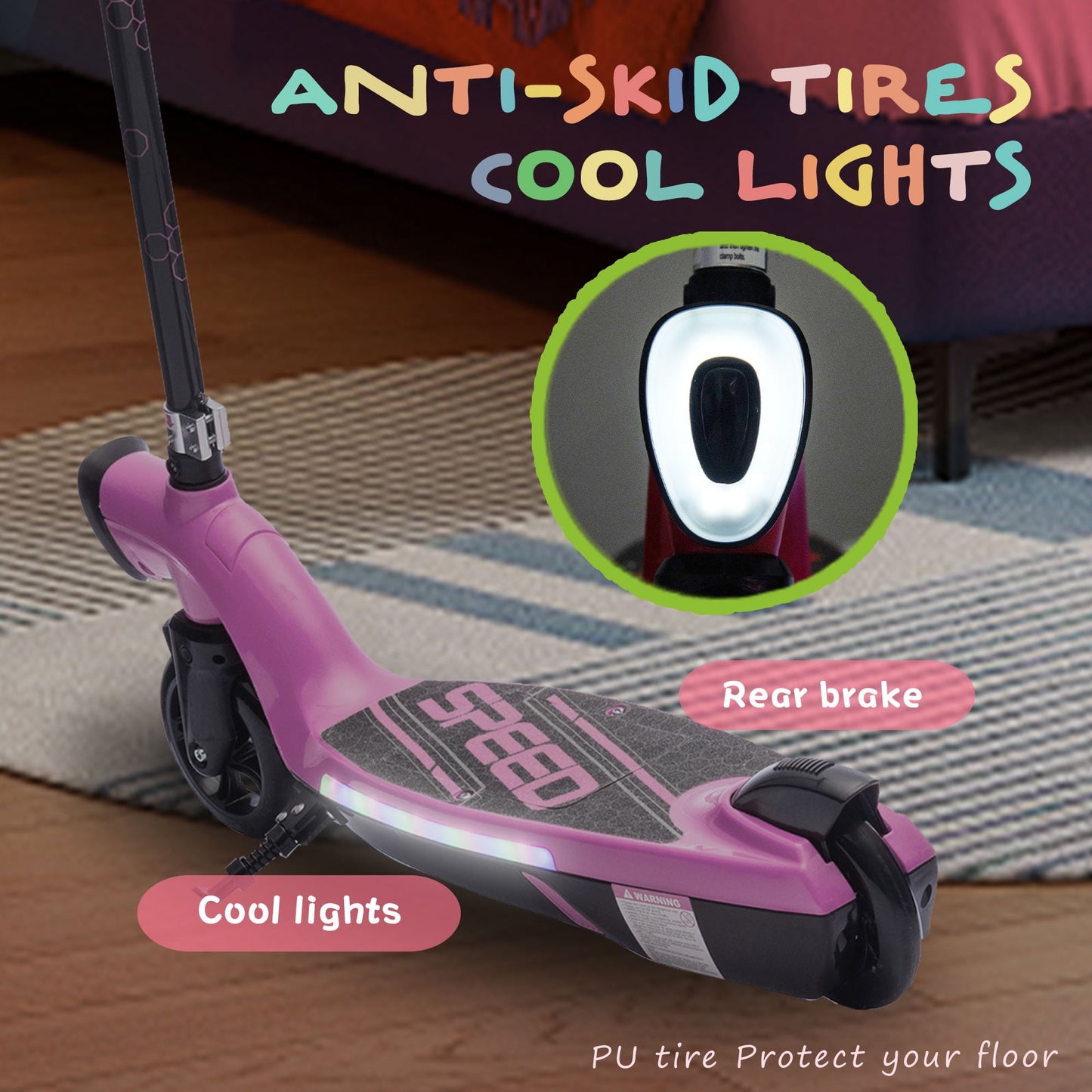Track Seven 12V Electric Scooter for Kids, Front Big Light, Colorful Lights, Bell, 6.5" Wide Pedal, Rear Wheel Brake, Max 6.84MPH, Kids Electric Kick Scooters for Teens Boys Girls Aged 6+, Pink