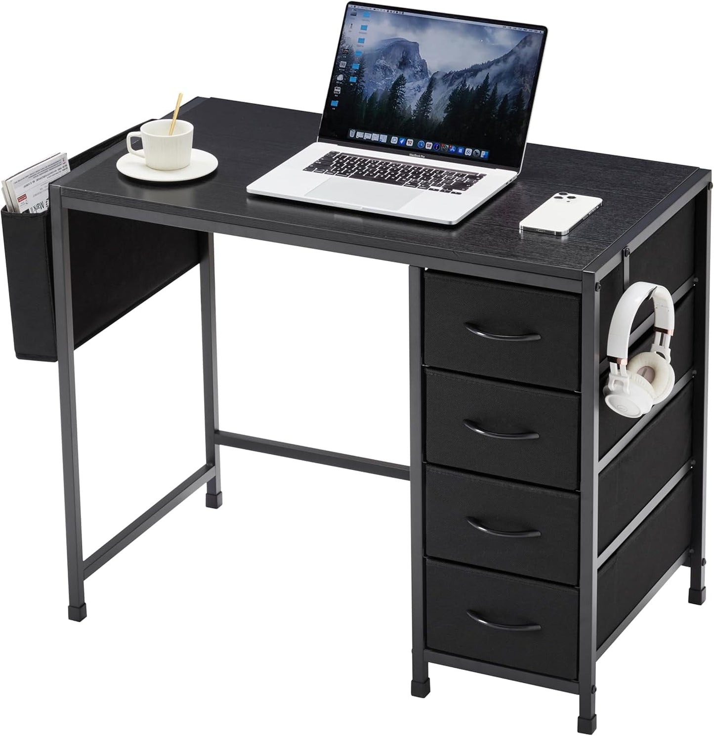 COOKCOK Computer Desk with Fabric Drawers Office Small Desk 36" Wide Desk with Headphone Hooks & Storage Bag for Student Kids Reading Table for Small Spaces, White