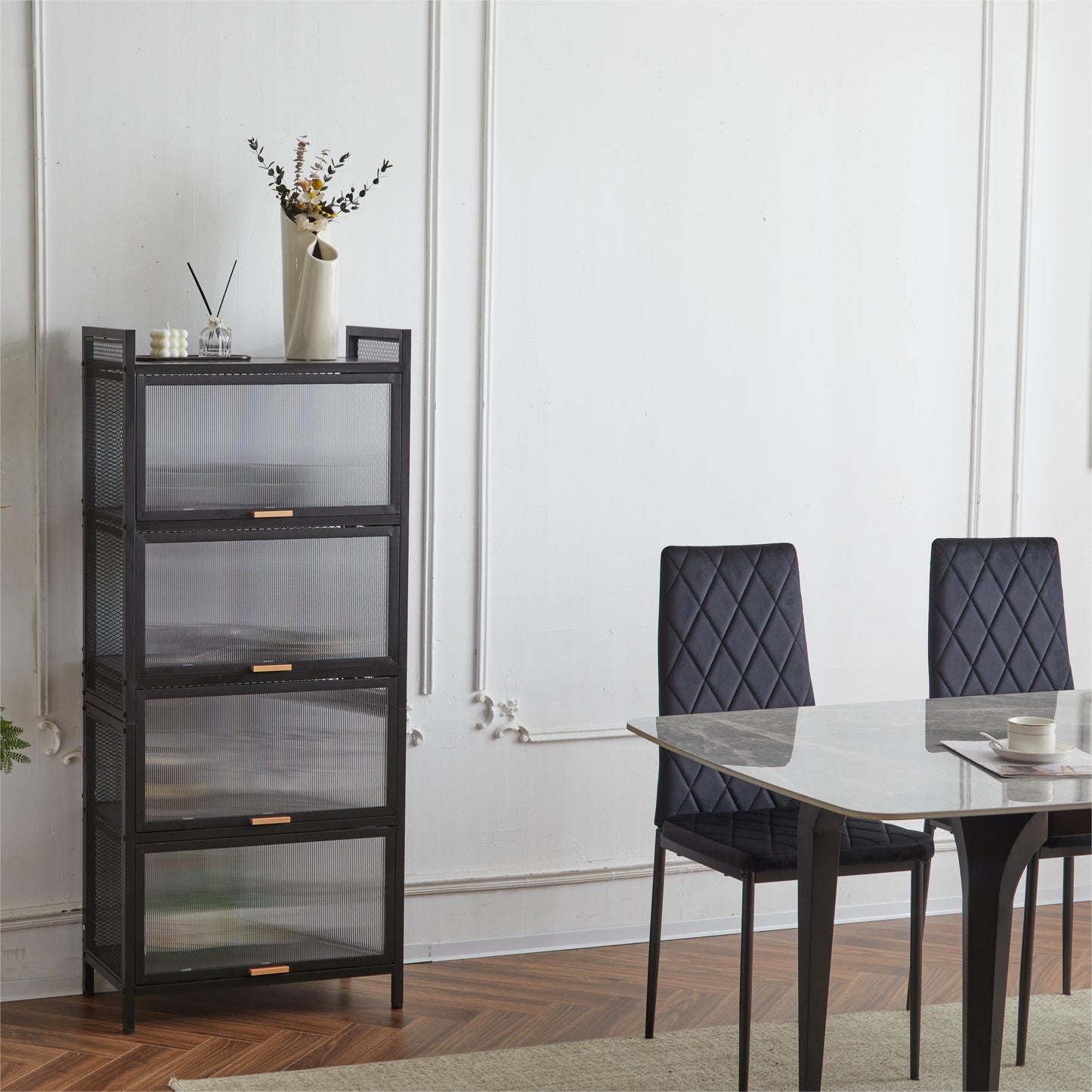 COOKCOK 5-Tier Storage Shelf, Kitchen Storage Cabinet with Flip-up PC Doors, Mobile Microwave Stand, Freestanding Kitchen Bakers Rack with 4 Rolling Casters, 23.62"x12.59"x55.51", Black