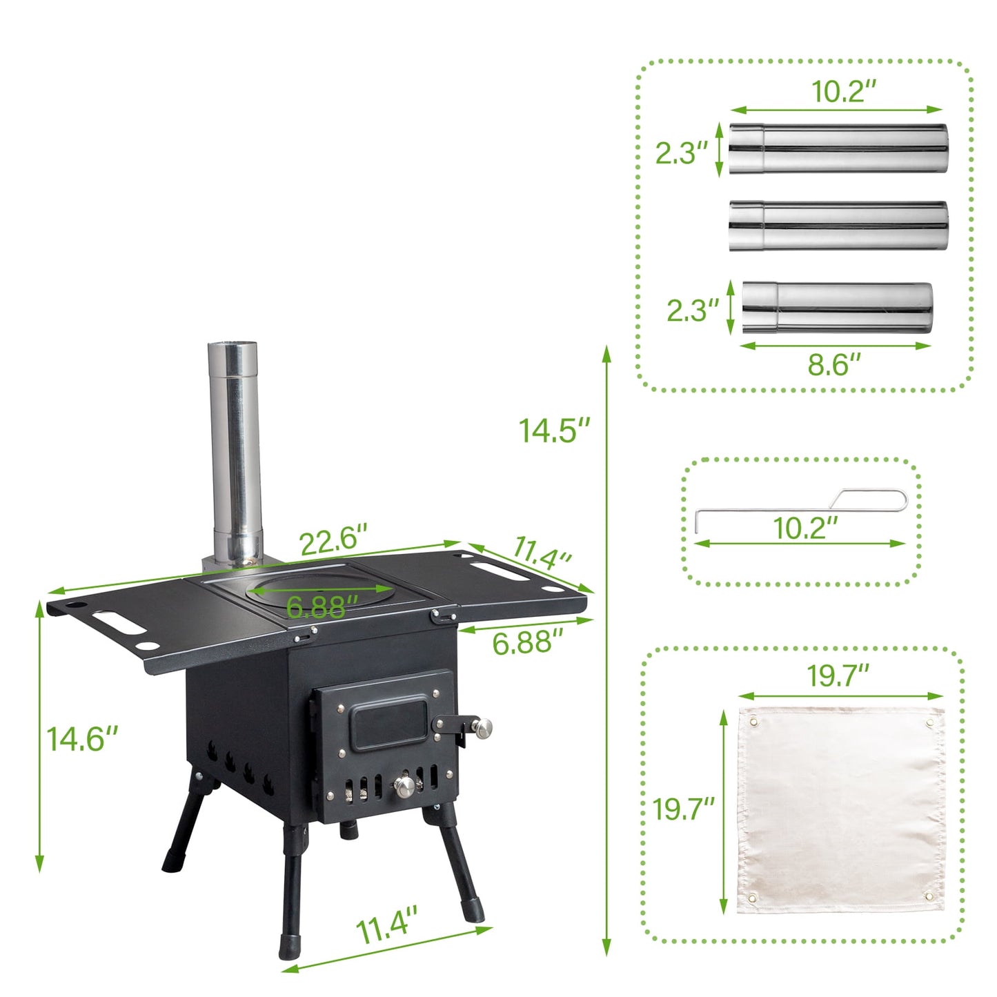 COOKCOK Camping rocket stove with chimney, 22.6"D x 11.4"W x 14.6"H, Alloy Steel, Black