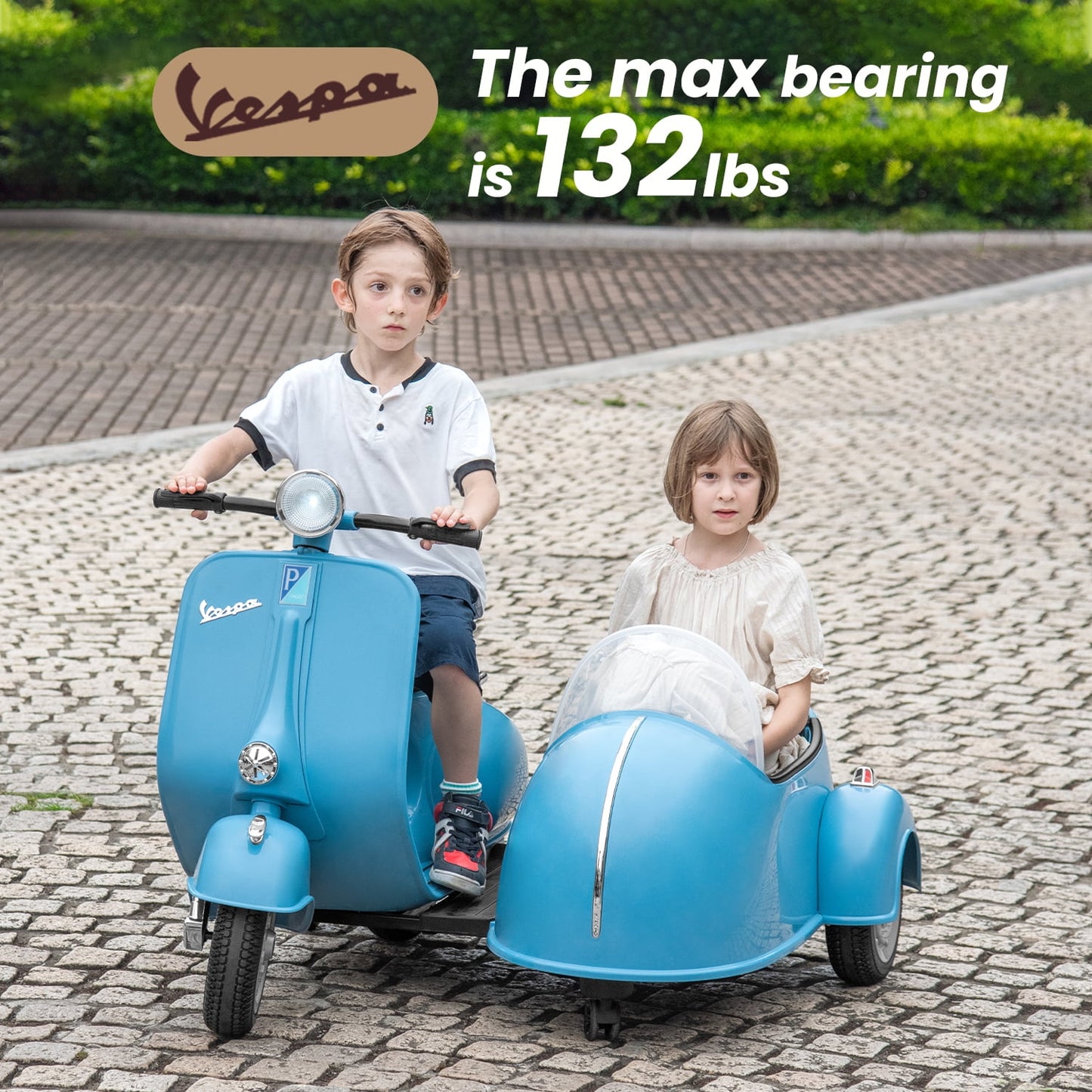 Track Seven 2-Seater Ride on Motorcycle, 12V Licensed Vespa Electric Motorcycle wth Side Car, 2-Seater Ride on Car, Music, Max Speed 4.8mph, Blue
