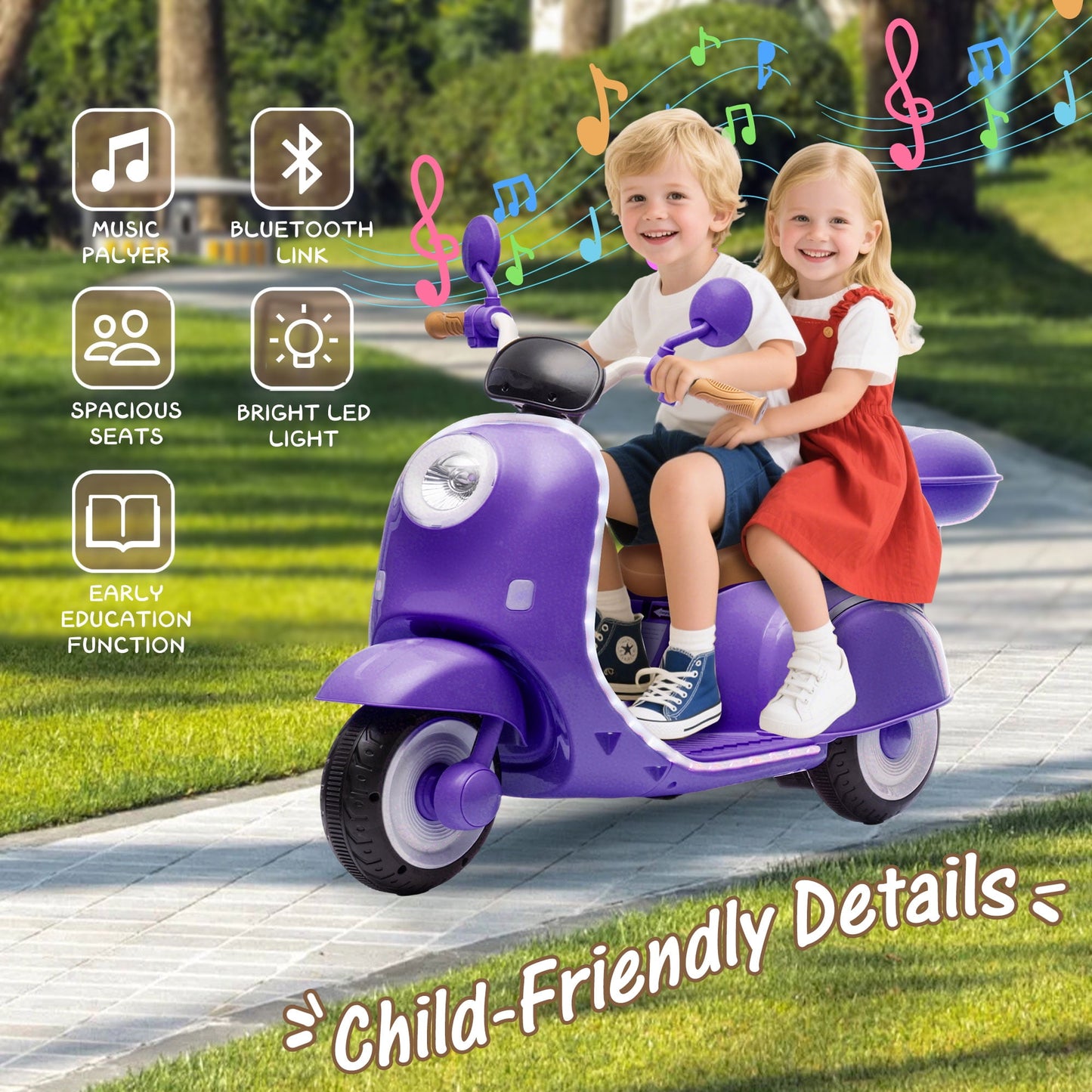 Track Seven 12V Kids Ride on Electric Motorcycle,3 Wheels Powered Motorbike with LED Strip light, 2WD, Anti-Slip Seat, Storage Basket, Bluetooth Music, Parent Remote Control for Ages 3-8, Purple