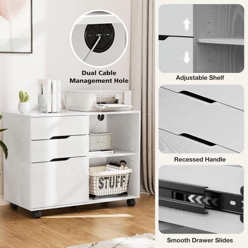 COOKCOK Mobile Wood Lateral File Cabinet with Wheels, Wood Storage Organizer with Drawers, Rolling Cabinet for Home Office, Printer Stand & Open Shelves, White