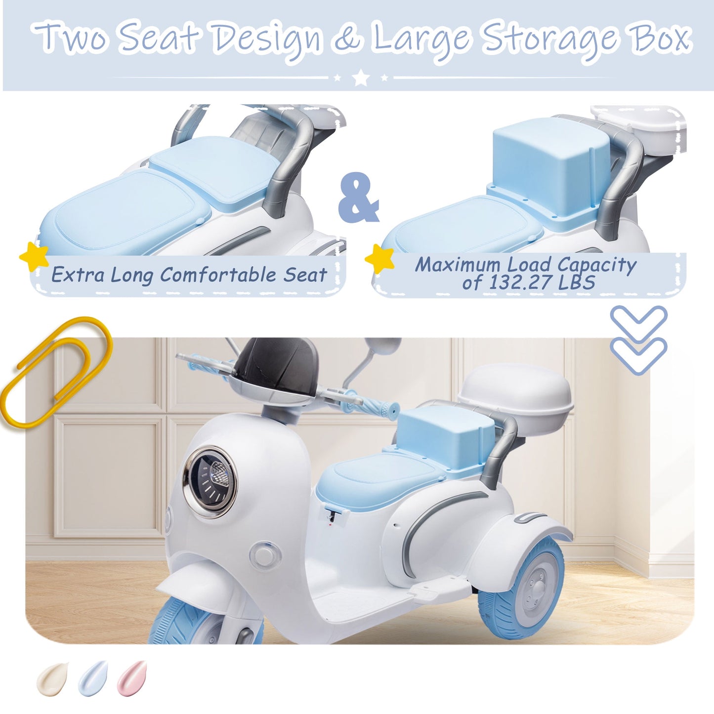 Track Seven 12V Ride on Motorcycle, 2-Seater Electric Motorcycle with Dual Motor, 3 Wheels Motorbike with Bluetooth, LED Lights, Storage Box, Front Hook, Ride on Toy Car for Boys Girls Aged 3+, White