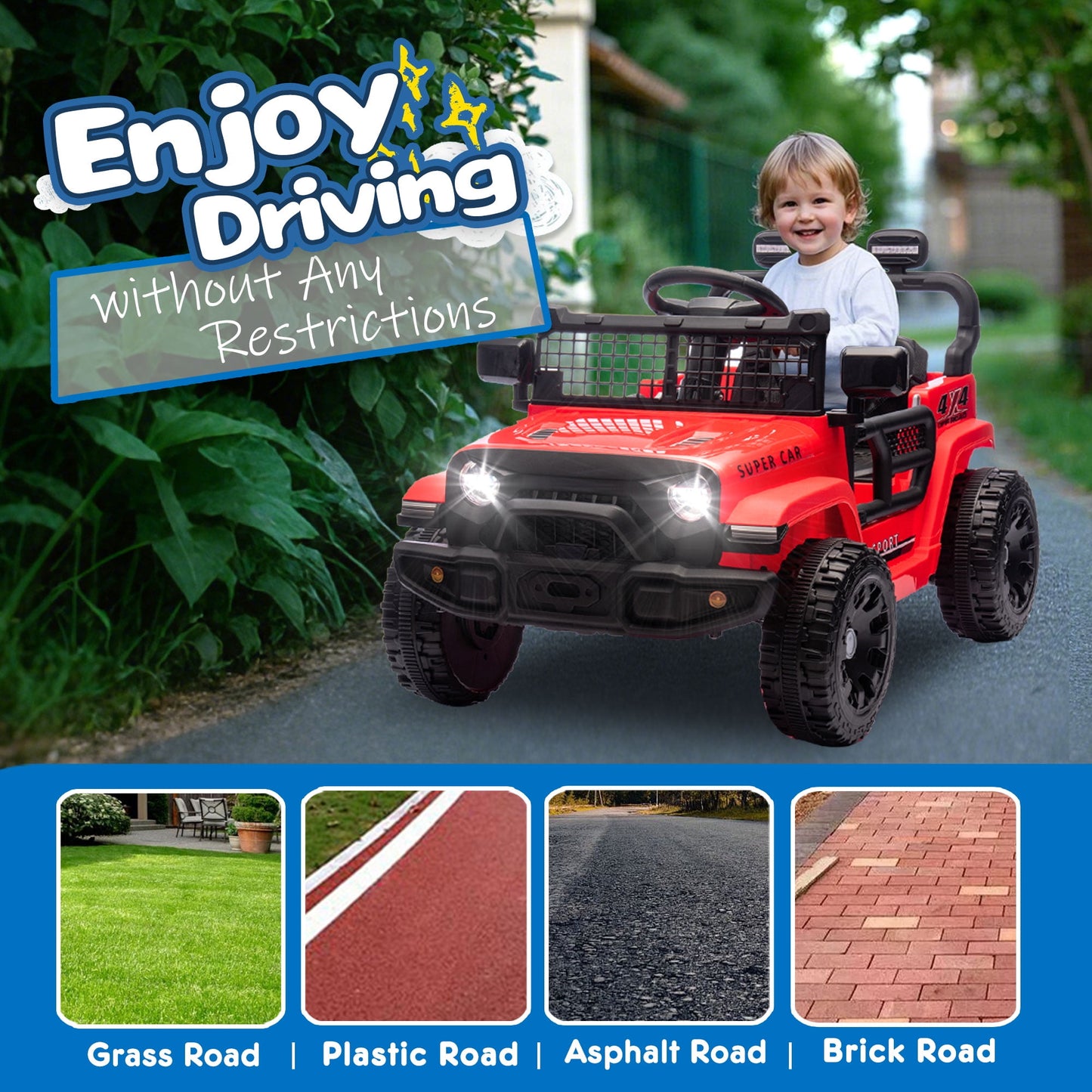 Track Seven 24V Kids Ride on Truck, Electric Car with Remote Control, Four-Wheel Suspension, Power Display, Bluetooth, MP3 Player, LED Lights, Kids Ride on Toy Car for Boys Girls Aged 3+, Red