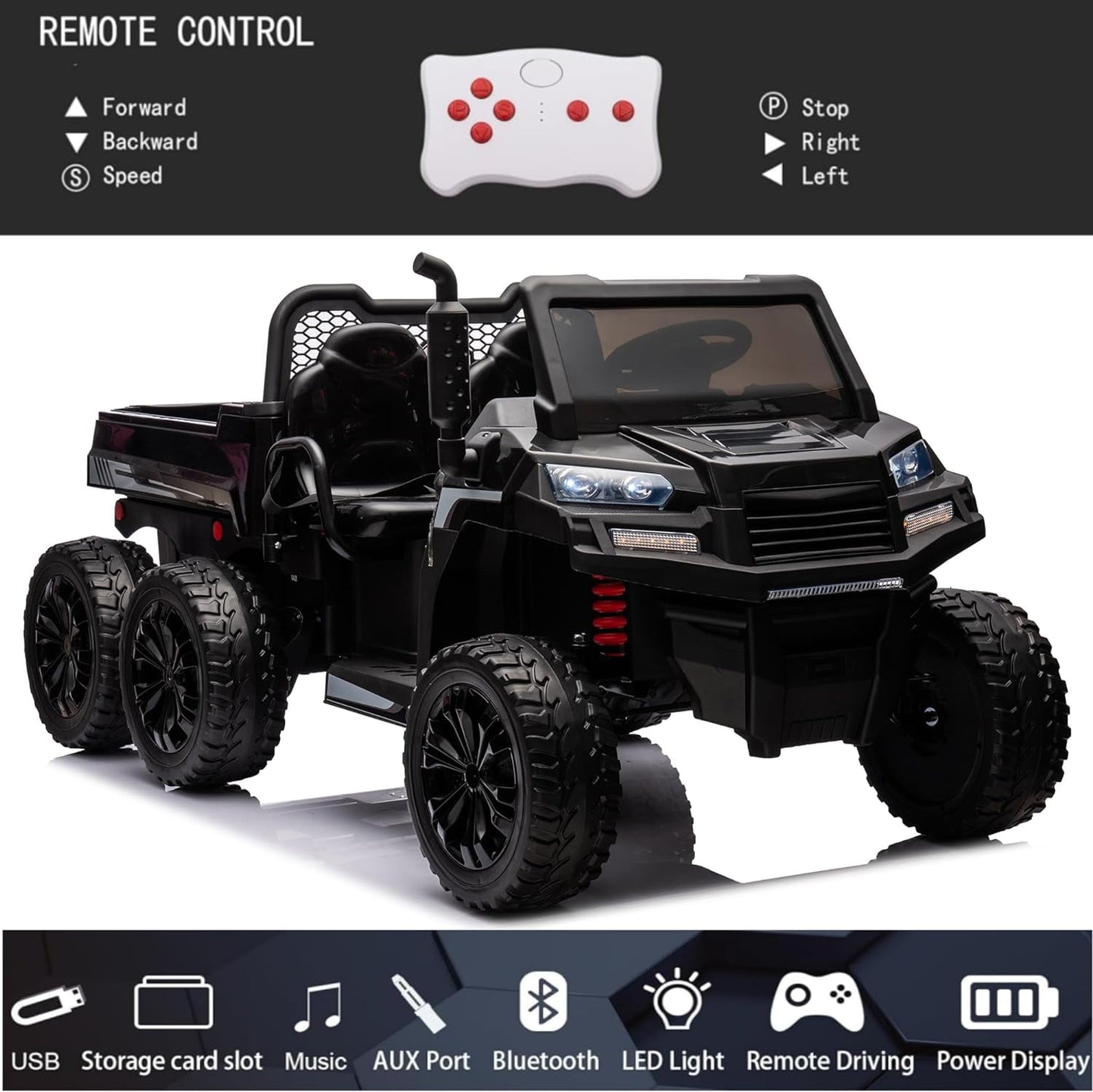 Track Seven 24V Ride on Car, 2-Seater Ride On Dump Truck, 6 Wheels Electric Car with Remote Control, Music, Shift Lever, off-Road Ride on UTV, Black