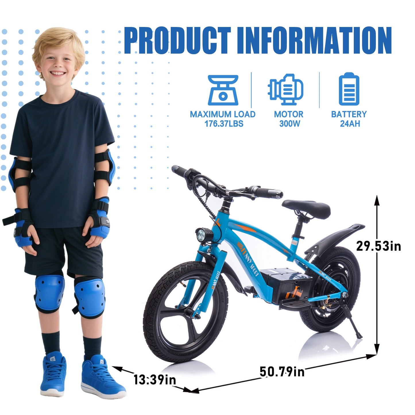 Track Seven 24V 300W Electric Bike, Teens Off-Road Mini Bike, Adjustable Seat (Age 5+), 16" Wheels, 12.43 MPH Top Speed, LED Headlight & Hand Brakes, Blue