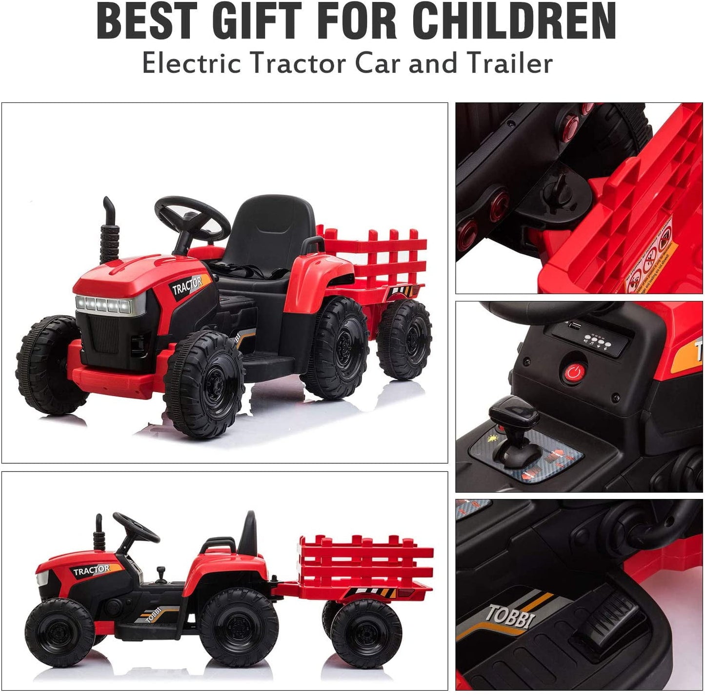 LISUEYNE 12V Ride on Tractor with Trailer, Electric Car with Music, USB, LED Lights, Ride on Car for Kids Age 3-6 Years, Max Speed 5mph, Red