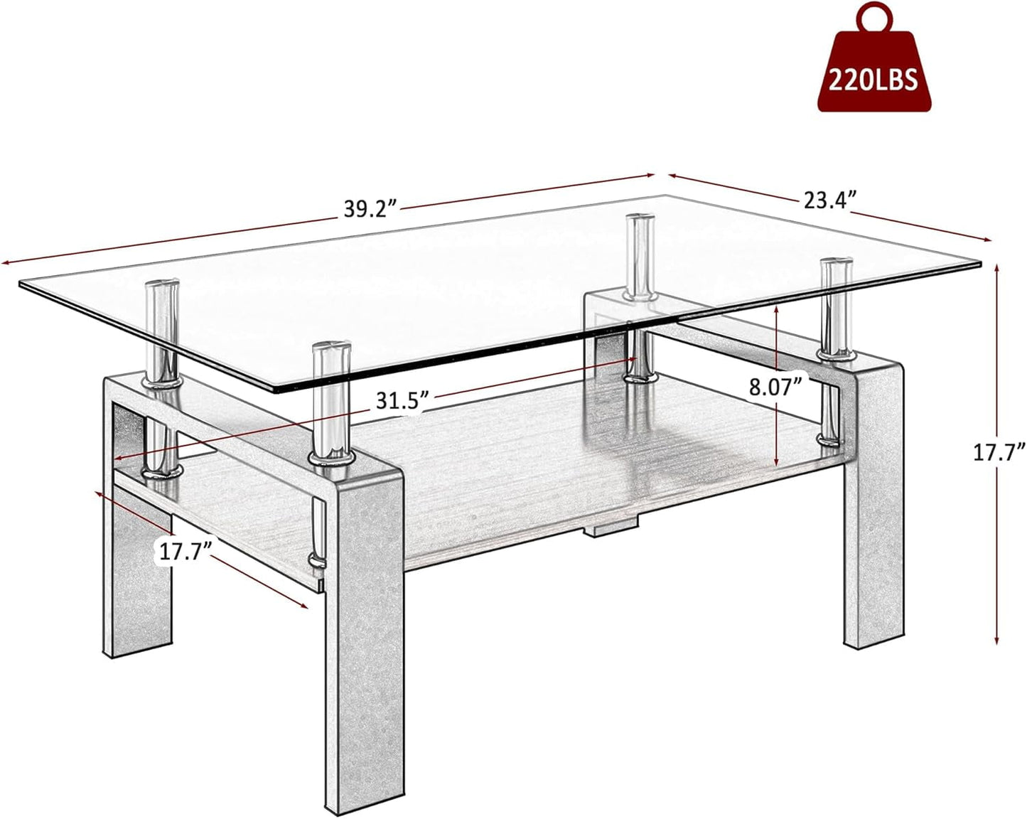 BISHE Glass Coffee Table, Rectangular Modern Design, Tempered Brown Glass Tabletop, White MDF Layer, Sturdy Living Room Center Table, Perfect for Office or Lounge in 36" x 20" Size, Gray+Brown
