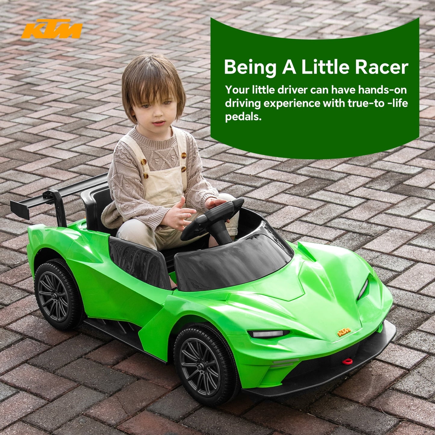 Track Seven 12V Ride on Car with Remote Control, Licensed KTM X-BOW GTXR Electric Car for Kids Age 3+, Music, Bluetooth, Lights, Green