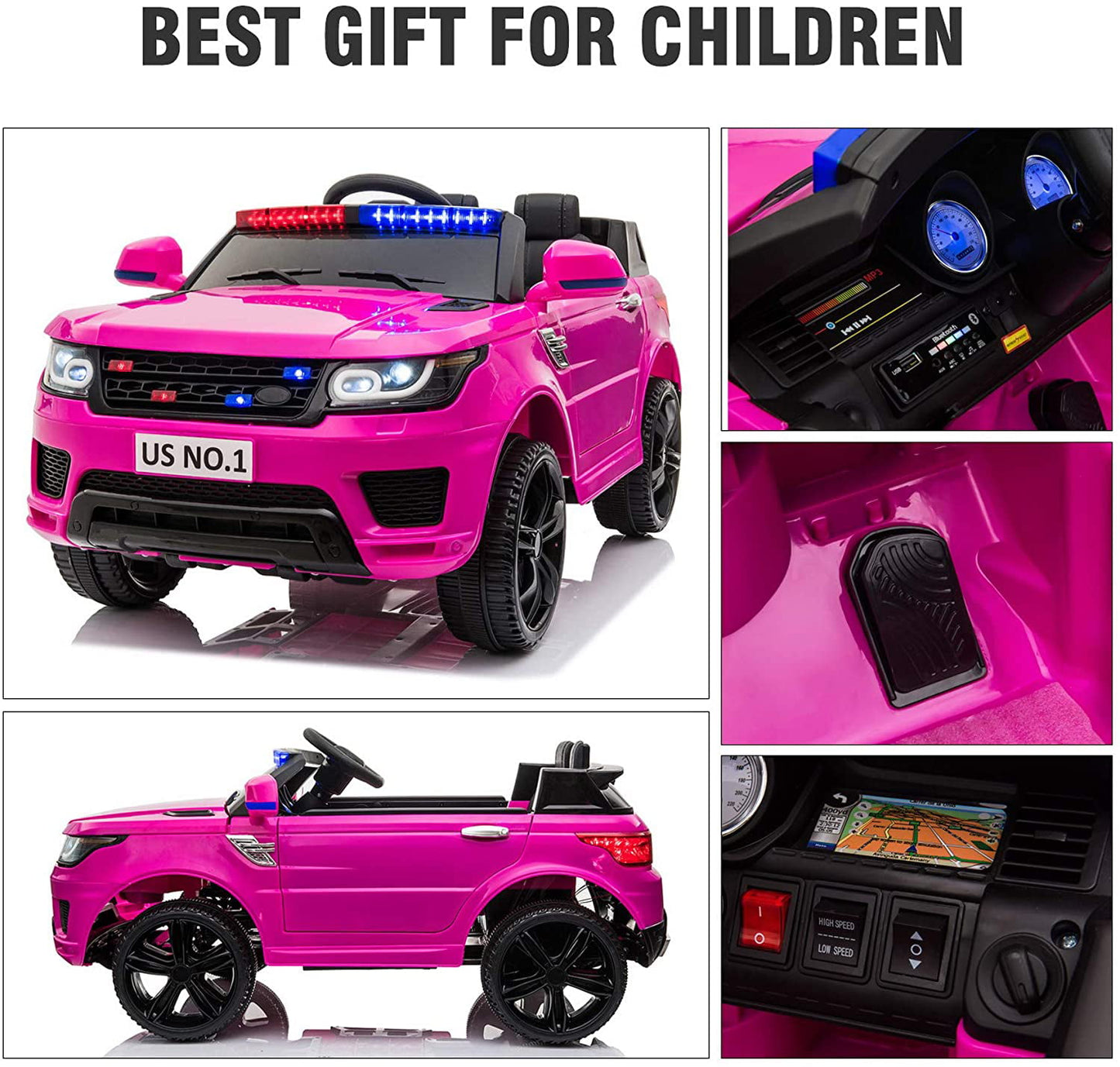 LISUEYNE Kids Ride on Police Car, 12V Electric Car for Boys Girls Age 3+, Flashing Siren, Microphone, Remote Control, Pink