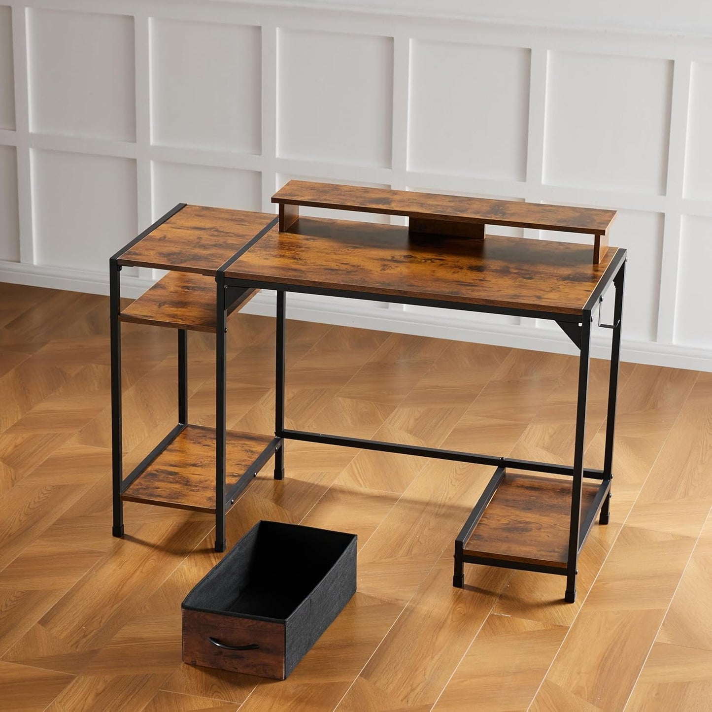 COOKCOK 47 inch Computer Desk, Office Desk with a Monitor Stand and Fabric Drawer, Writing Gaming Table with Shelves and 2 Hooks for Home Office, Black