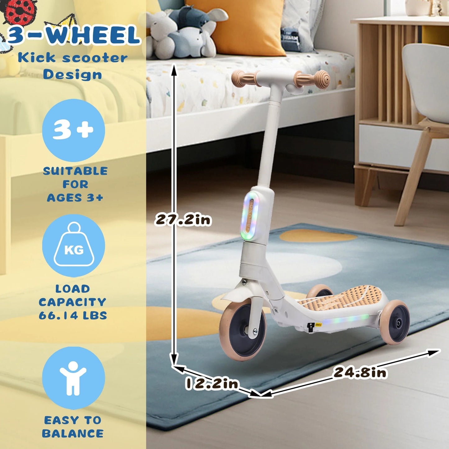 Track Seven Electric Scooter for Kids, 3 Wheels Kids Kick Scooter with Spray, LED Lights, PU Wheels, Wide Pedal, Music, Independent Light Switch, 6V Scooter for Boys Girls Toddlers Ages 3-6, White
