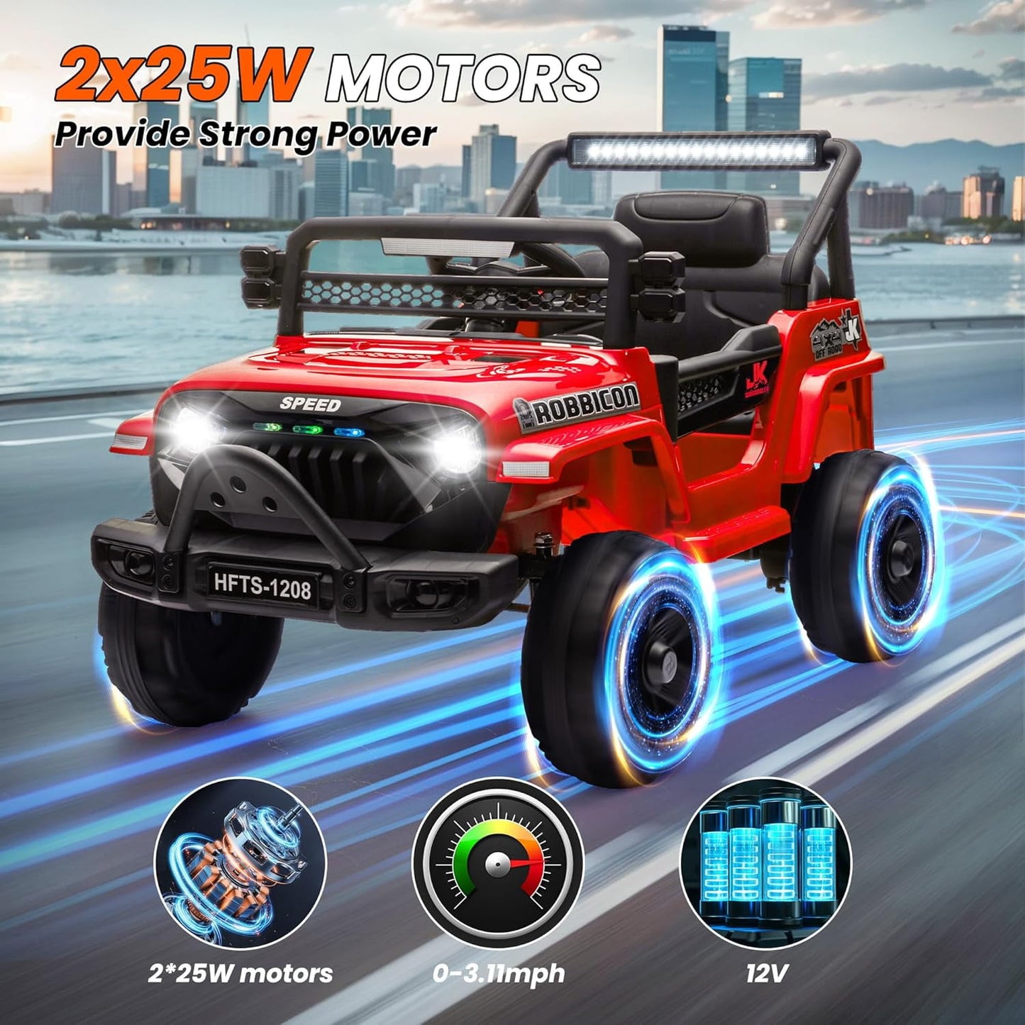 Track Seven 12V Ride on Truck for Kids, 12V Kids Electric Car w/Remote Control, USB, Bluetooth, Microphone Jack, Power Display, Lights, Battery Powered Ride on Car for Boys Girls, Red