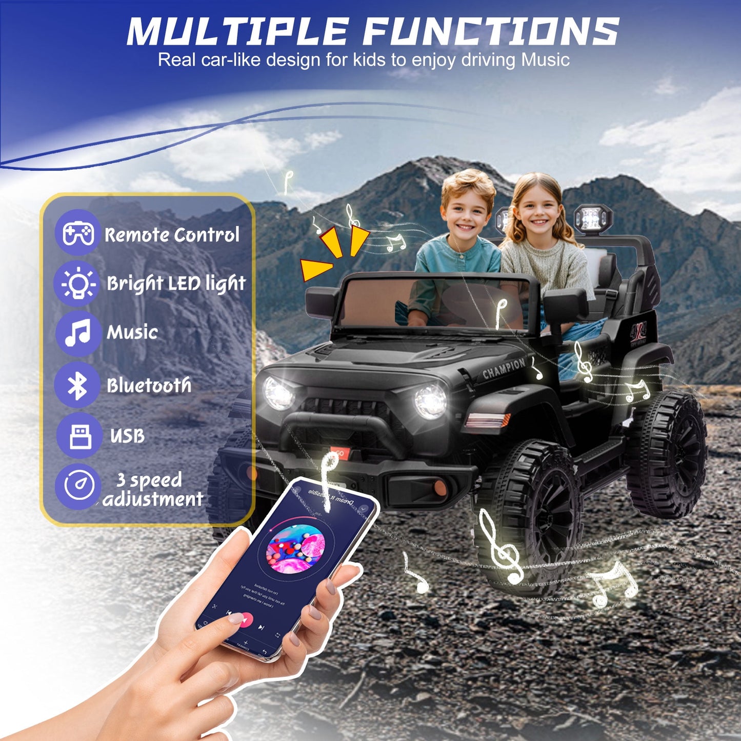 Track Seven 24V Ride on Truck, 2 Seater Ride on Toy Car for Big Kids, 19.7" Large Wide Seat, 4WD Electric Truck Car with Music, Bluetooth, Light and Searchlight, Max Speed 4.35 mph, Black