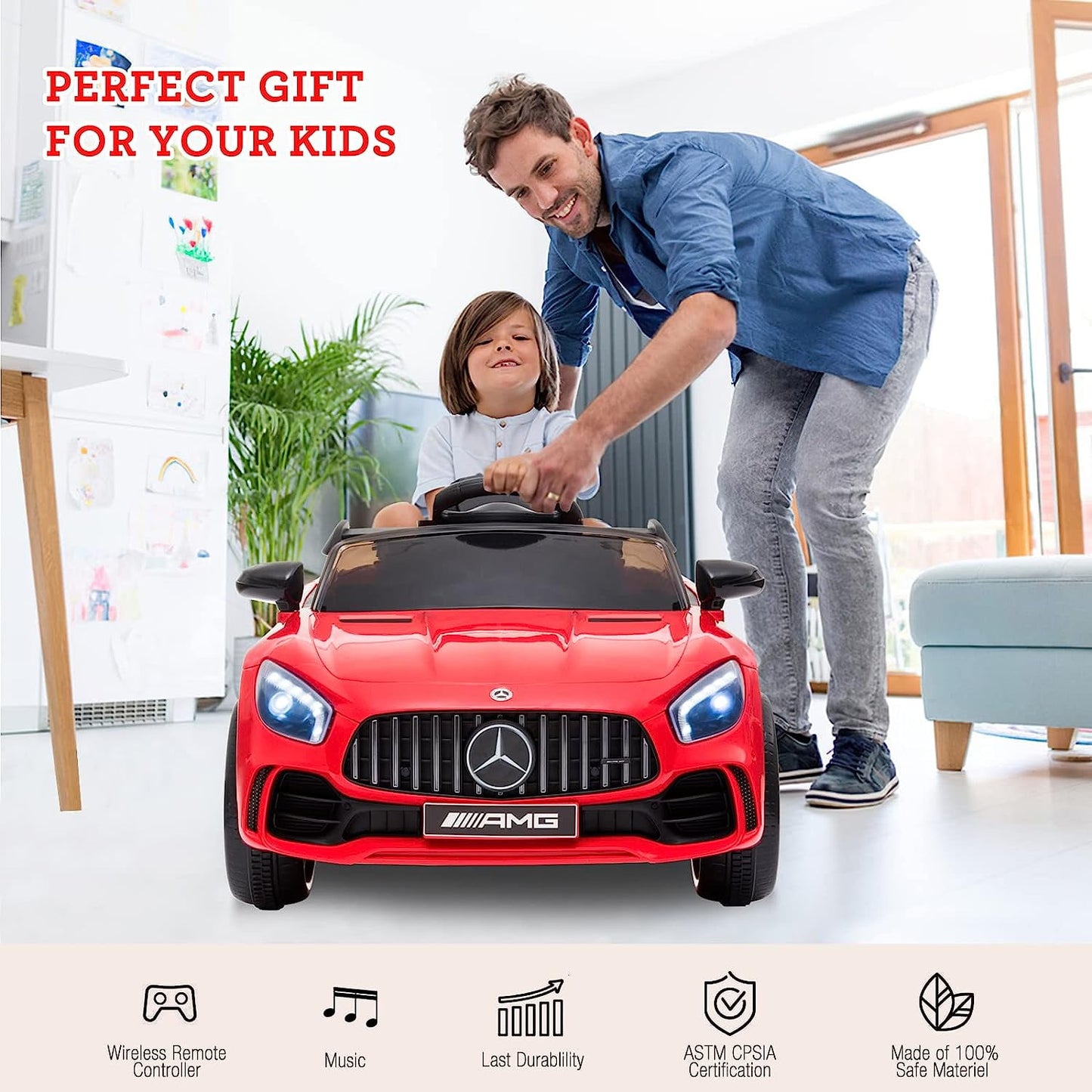 Track 7 Ride on Car with Remote Control, 12V Licensed Benz Electric Car for Kids Age 3+, AUX/FM/USB, Kids Ride on Toy Car, Red