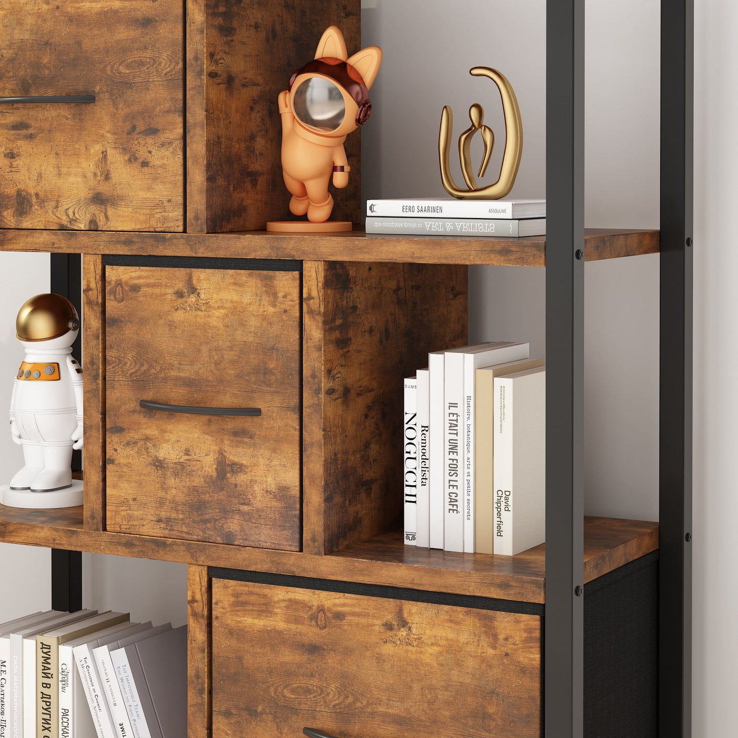 COOKCOK 4 Tier Bookshelf, 40.5'' Tall Bookcase with 3 Non-Woven Fabric Storage Drawers, Industrial Display Standing Shelf Unit in Iron Frame & Solid Wood for Bedroom, Living Room, Entryway, Brown