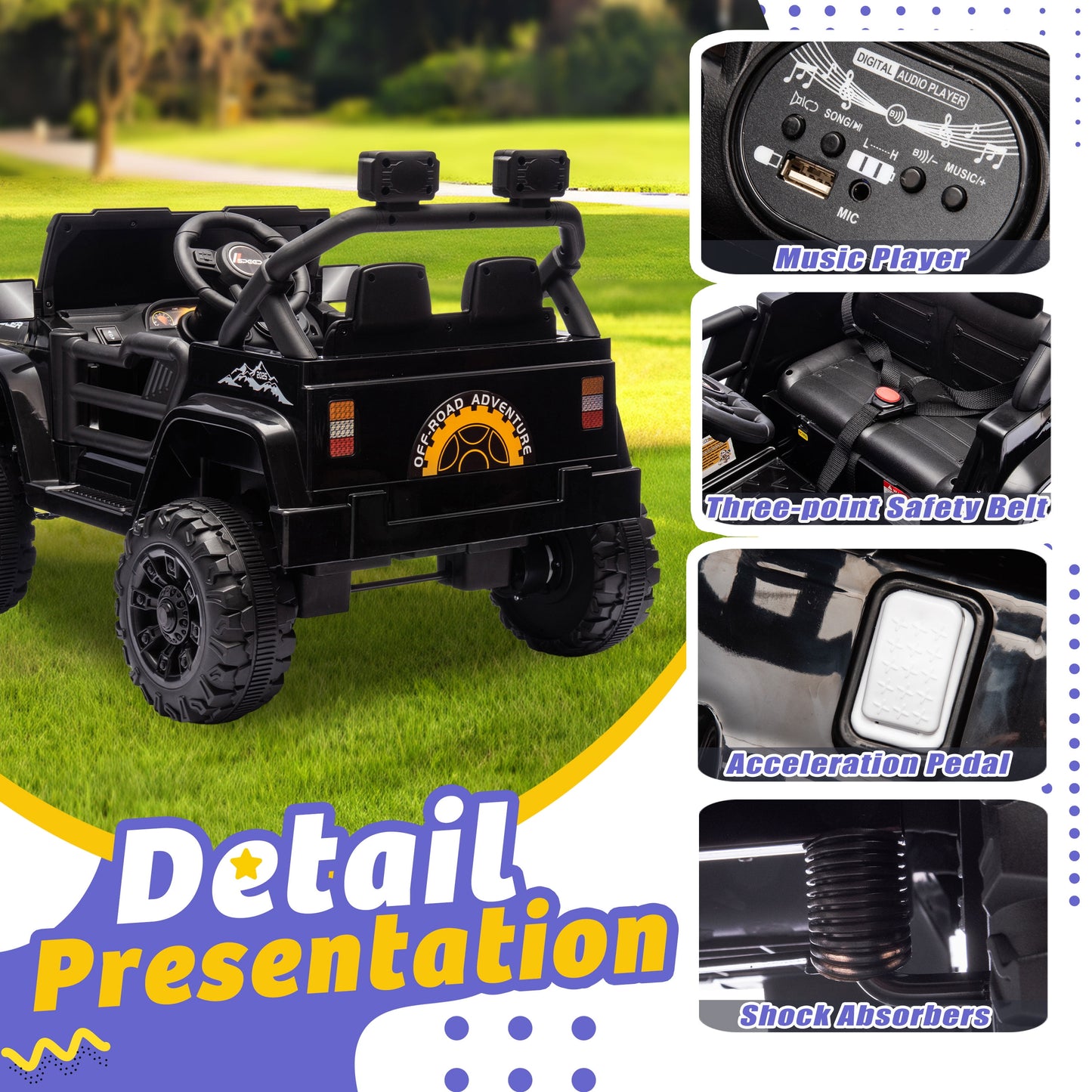 Track Seven 12V Kids Ride on Truck, Electric Car with Remote Control, Off-Road Truck for Boys Girls age 3+, Music, Bluetooth, Spring Suspension with DIY Stickers, Black