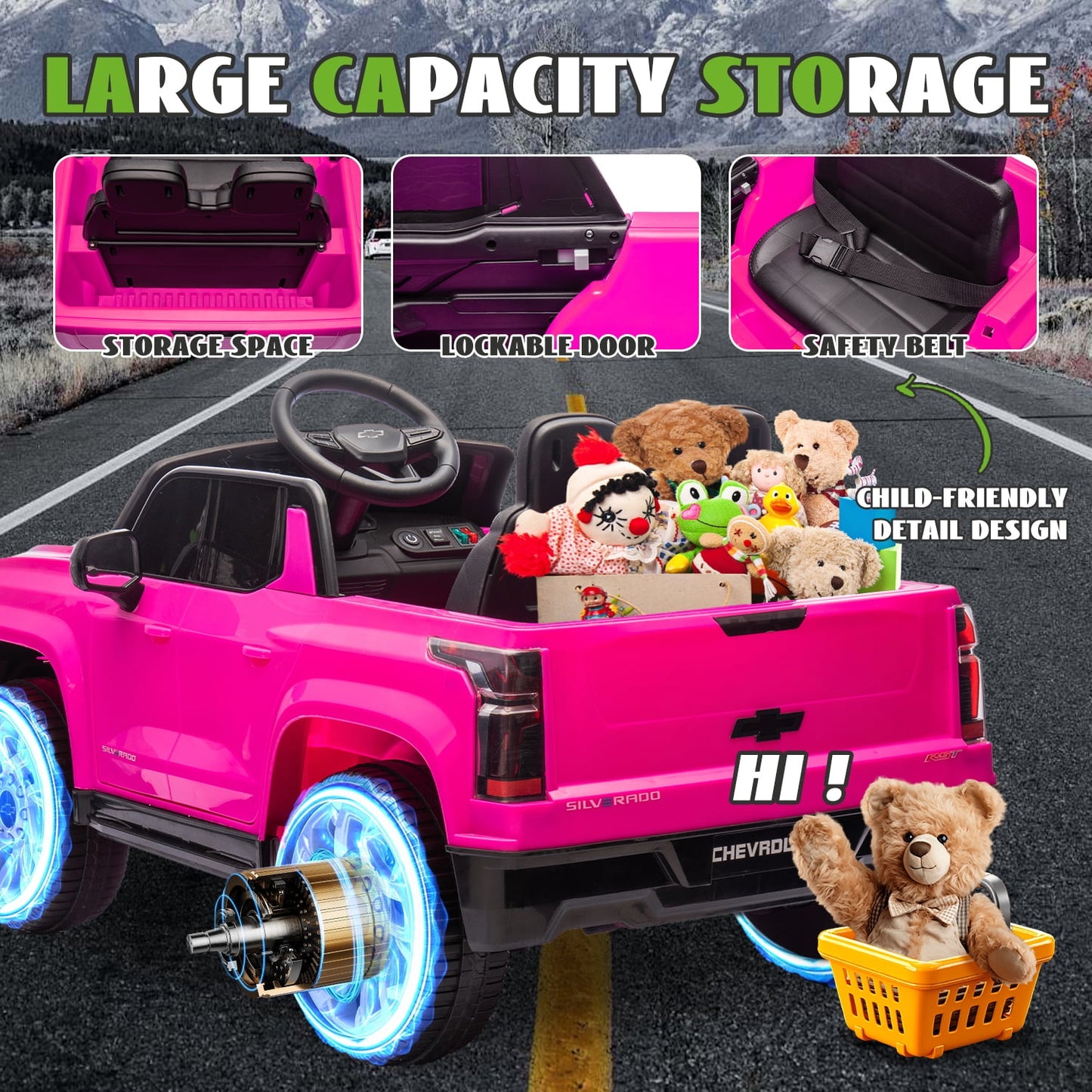 Track Seven 24V Ride on Car, Licensed Chevrolet Silverado Electric Car Truck with Remote Control, Bluetooth, LED Lights, Power Display, Rear Storage Ride on Toy Car for Boys Girls Age 3+, Pink