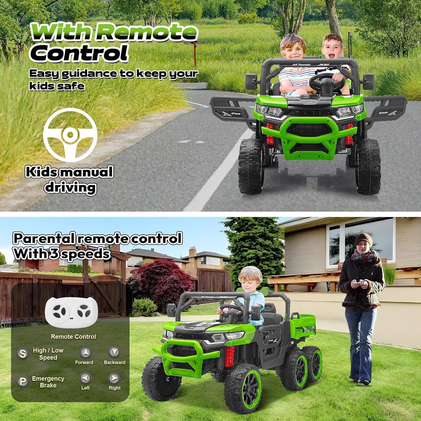 Track Seven 24V 2-Seater Ride on Dump Truck, 4WD 6-Wheel Kids Ride on Car w/Remote Control, Electric Dump Bed, Toy Shovel, Music, Max Speed 5 mph, 21" Large Seat, Ride on Toy for Kids Age 3+, Green