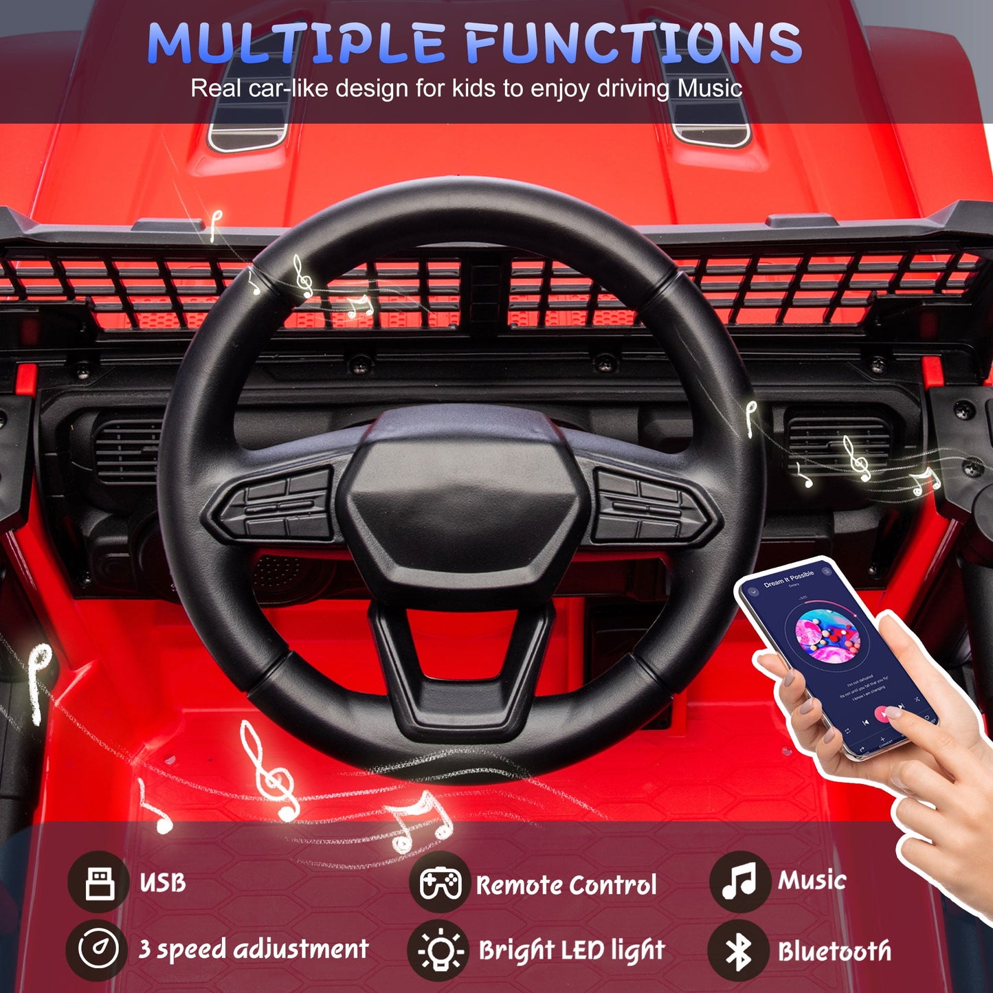 Track Seven 24V Kids Ride on Truck, Electric Car with Remote Control, Four-Wheel Suspension, Power Display, Bluetooth, MP3 Player, LED Lights, Kids Ride on Toy Car for Boys Girls Aged 3+, Red