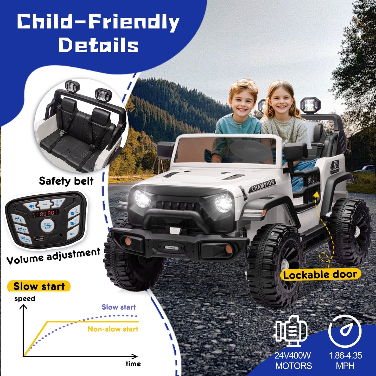 Track Seven 24V Ride on Truck, 2 Seater Ride On Toy Car for Big Kids, 19.7" Large Wide Seat, 4WD Electric Truck Car with Music, Bluetooth, Light and Searchlight, Max Speed 4.35 mph, White