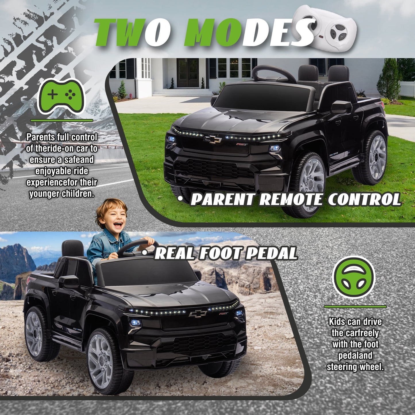 Track Seven 24V Ride on Car, Licensed Chevrolet Silverado Electric Car Truck with Remote Control, Bluetooth, LED Lights, Power Display, Rear Storage Ride on Toy Car for Boys Girls Age 3+, Black