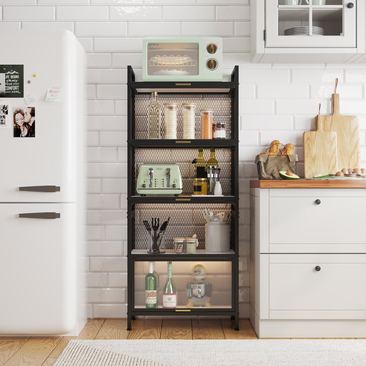 COOKCOK 5-Tier Storage Shelf, Kitchen Storage Cabinet with Flip-up PC Doors, Mobile Microwave Stand, Freestanding Kitchen Bakers Rack with 4 Rolling Casters, 23.62"x12.59"x55.51", Black