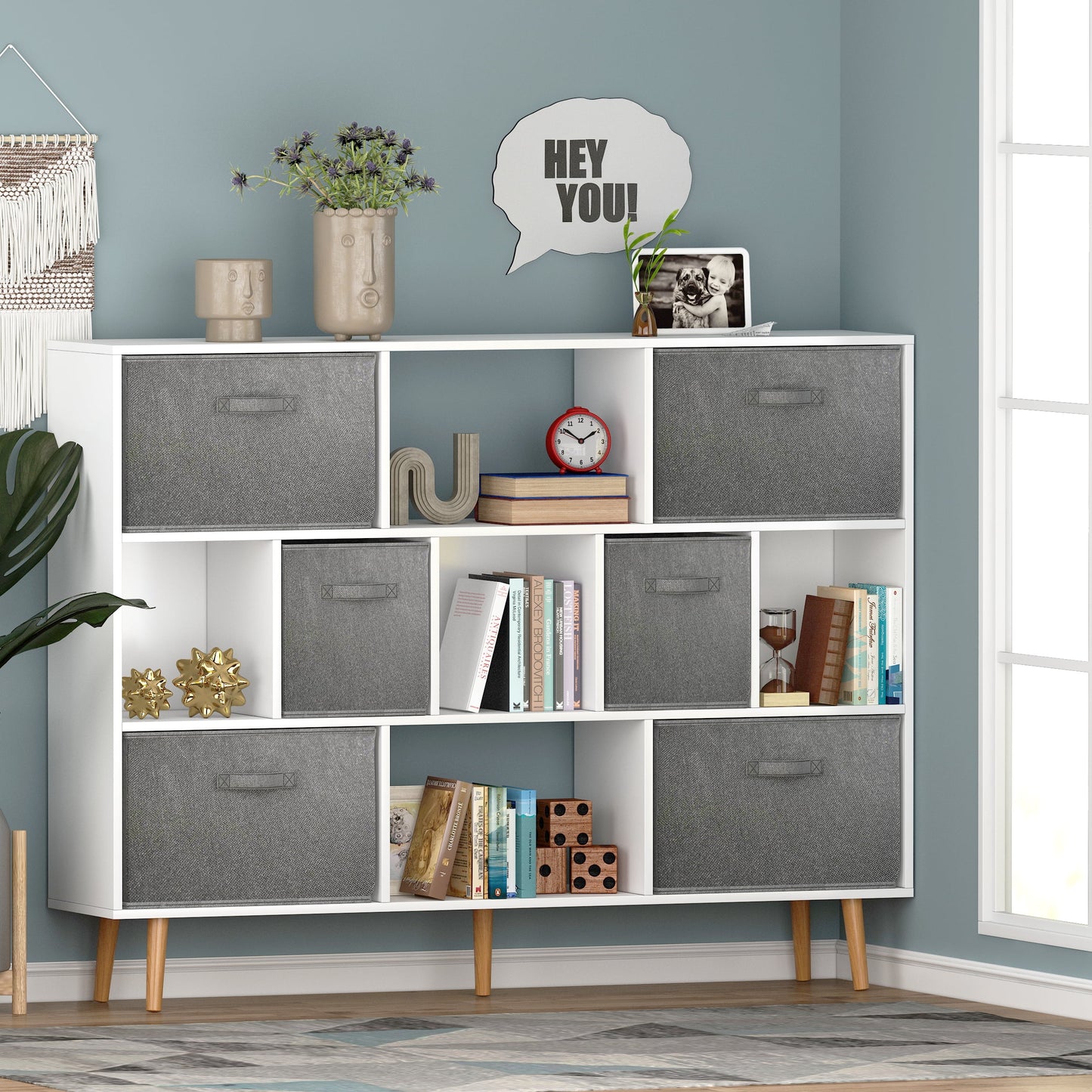 COOKCOK 11-Cube Storage Organizer, Bookshelf with Storage Bins, 4 Tier Freestanding Open Bookshelf with 6 Nonwoven Fabric Drawers,White