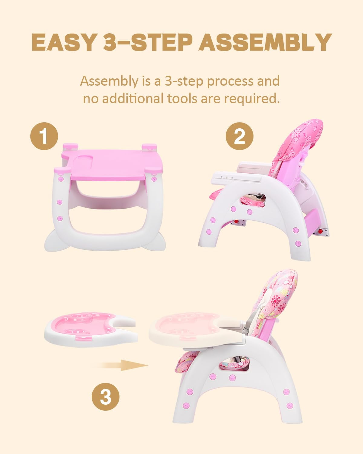 Track Seven 3-in-1 Convertible Baby High Chair for Toddlers, Adjustable Feeding Chair, Detachable Trays , Baby Feeding Chair with Detachable Trays,5-Point Safety Buckle,Pink