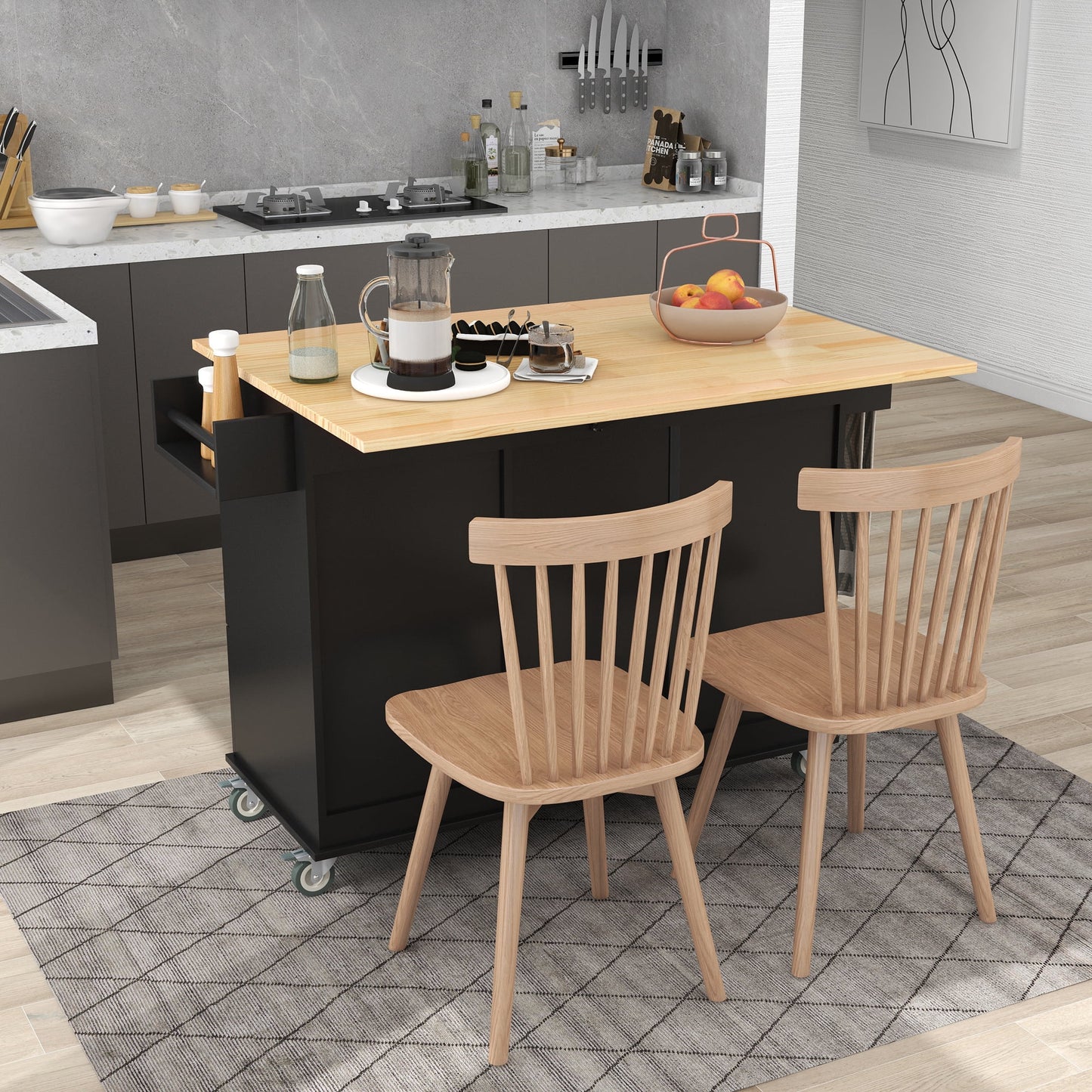 COOKCOK Mobile Kitchen Island Cart, Kitchen Cart with Wood Top and Drop Leaf Breakfast Bar, Rolling 52.7" Mobile Kitchen Island with Storage and Towel Rack, Drawers, Black
