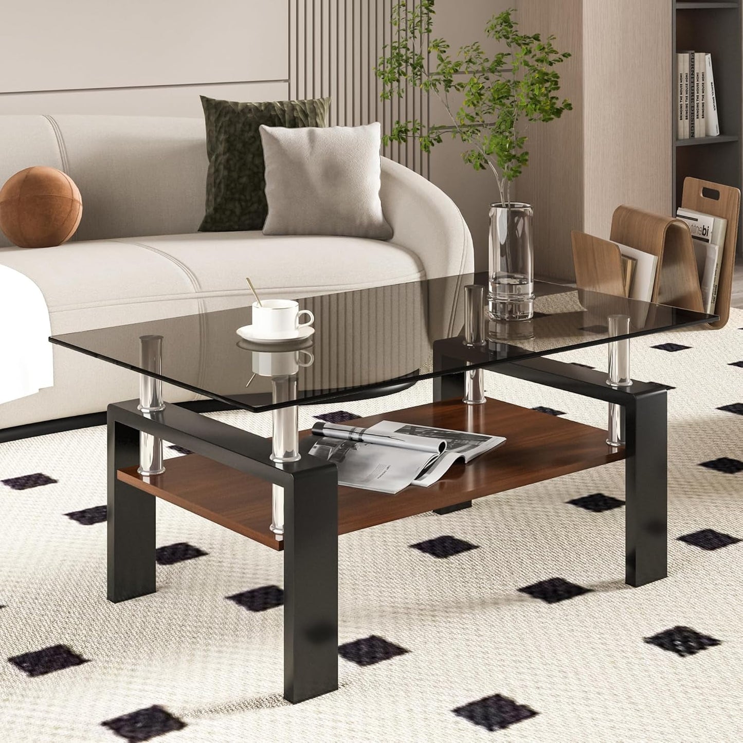BISHE Glass Coffee Table, Rectangular Modern Design, Tempered Brown Glass Tabletop, White MDF Layer, Sturdy Living Room Center Table, Perfect for Office or Lounge in 36" x 20" Size, Gray+Brown