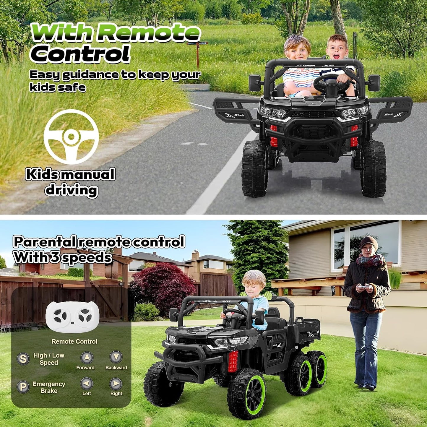 Track Seven 24V 2-Seater Ride on Dump Truck, 4WD 6-Wheel Kids Ride on Car w/Remote Control, Electric Dump Bed, Toy Shovel, Music, Max Speed 5 mph, 21" Large Seat, Ride on Toy for Kids Age 3+, Black