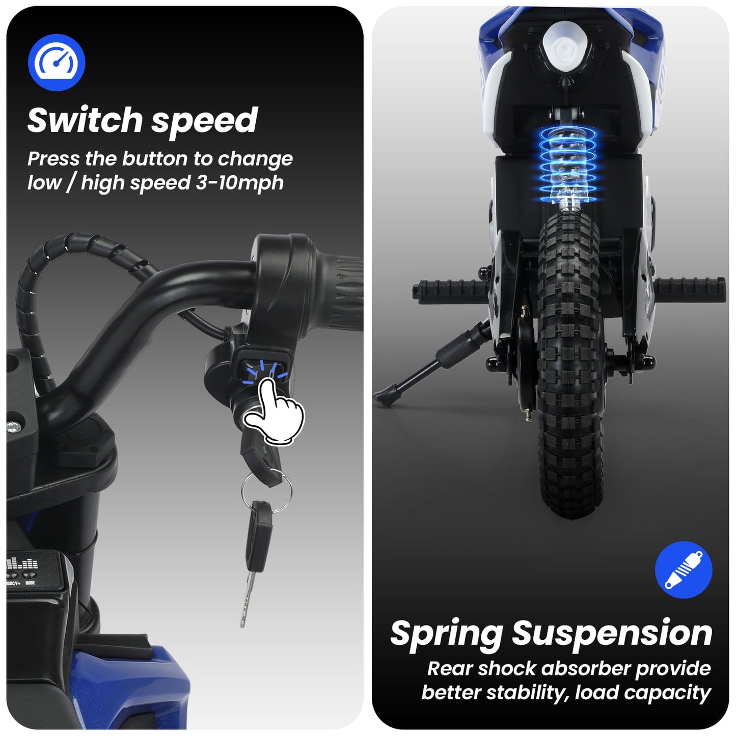 Track Seven 24V Electric Dirt Bike, 200W Motocross Ride on Motorcycle with Hand Operated Brakes, Adjustable Speed, LED Lamp, Music, Max Speed 10mph, Electric Motorcycle for Kids Age 5+, Blue