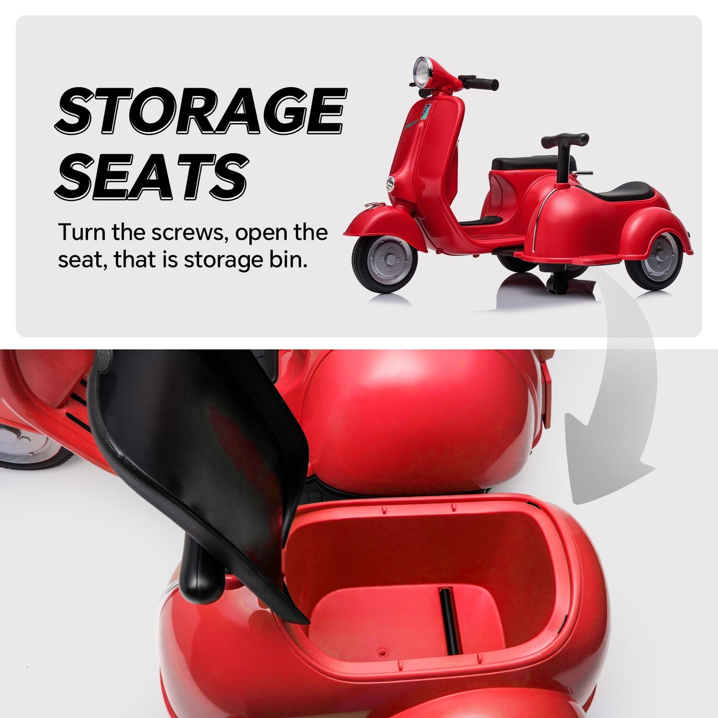 Track Seven Licensed Vespa Ride on Motorcycle with Side Car, 2-Seater Electric Car with Music, Storage Bin, Max Speed 3.7mph, Red