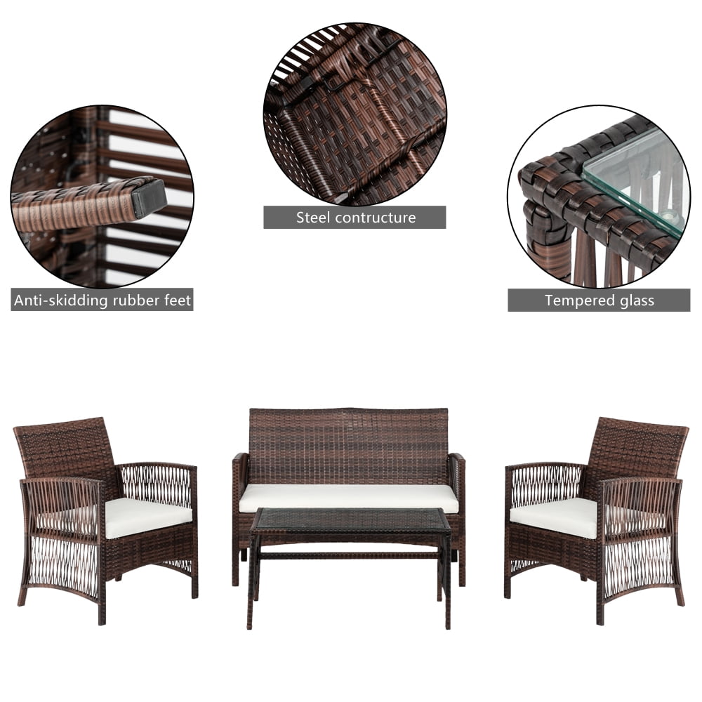 COOKCOK 4 Pieces Patio Set,Outdoor Wicker Patio Furniture Sets,Bistro Set Rattan Arm Chair Conversation Sets with Tempered Glass Coffee Table,Rattan Sofa Set,Brown
