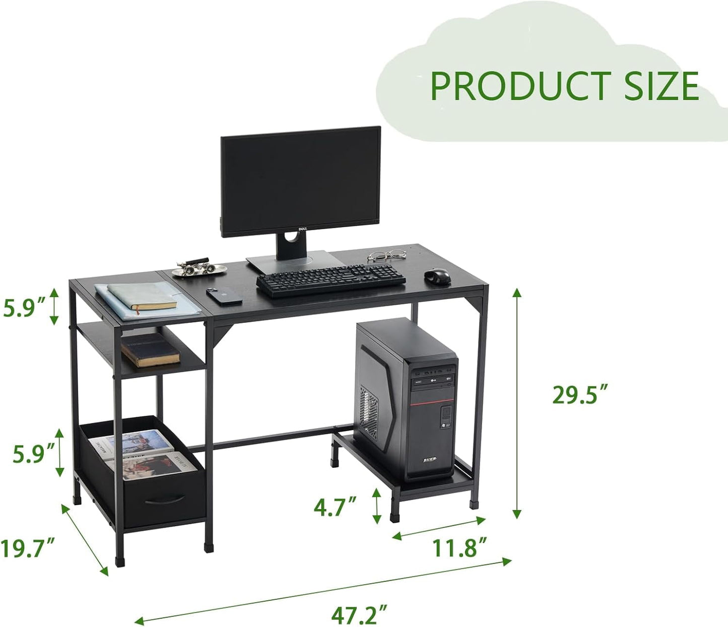 COOKCOK 47 inch Computer Desk with Storage, Home Office Adult Lap Desks with Shelf, Bedroom, Living Room