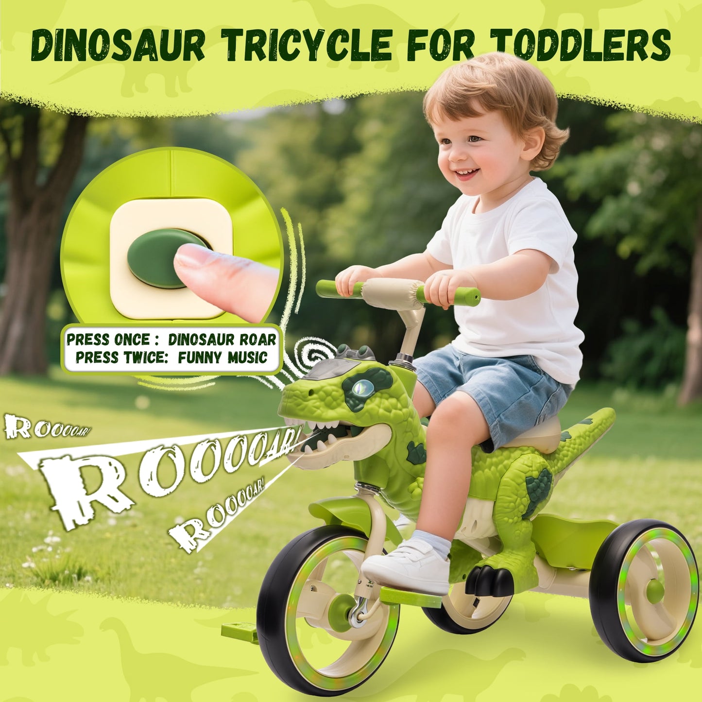 Track Seven Dinosaur Kids Tricycle for Rider, Toddlers Trike Bike with Music, LED Lights, Storage Basket, Indoor/Outdoor Preschool Daycare Kids Bike for Boys Girls 3+ Years, Green