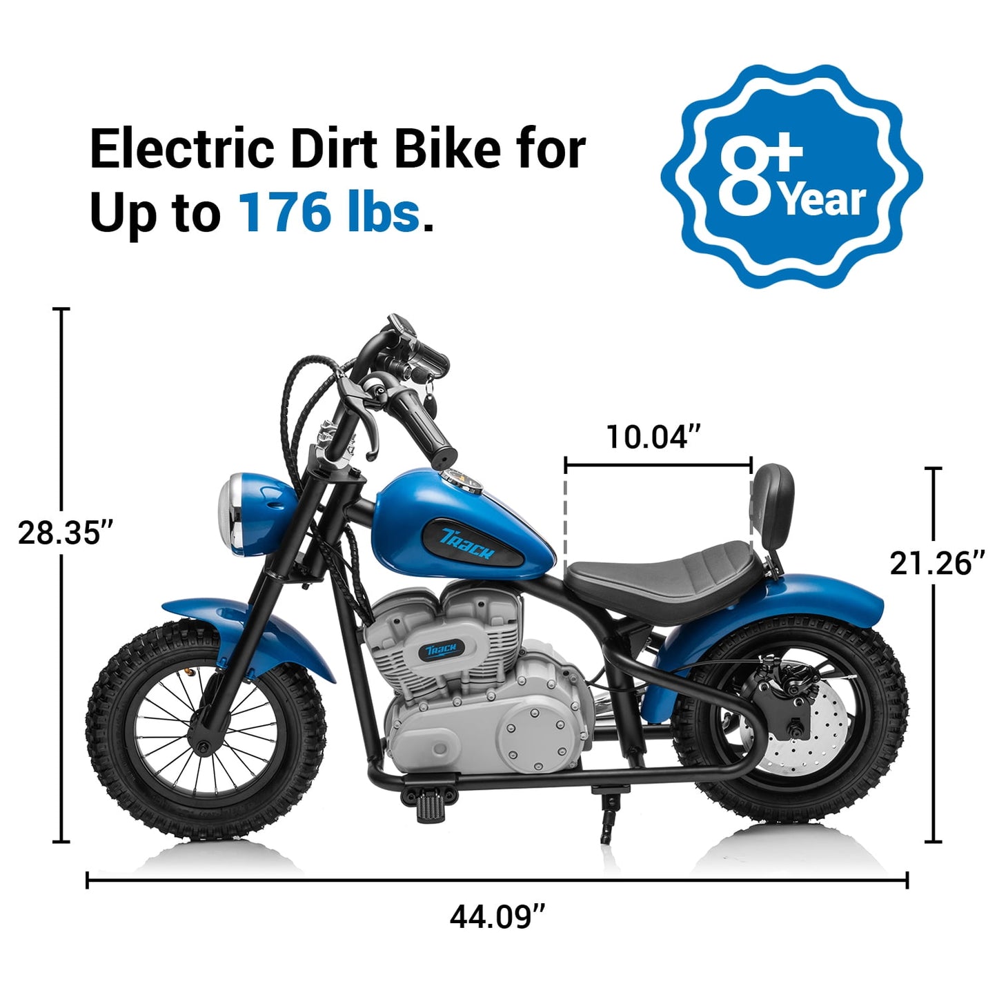 Track Seven 36V Electric Dirt Bike for kids, 350W Ride on Motorcycle with Twist Grip Throttle, Hand-Operated Brakes, Key Start, Off-Road Motocross Speed Up to 15 MPH, Age 8+, Blue