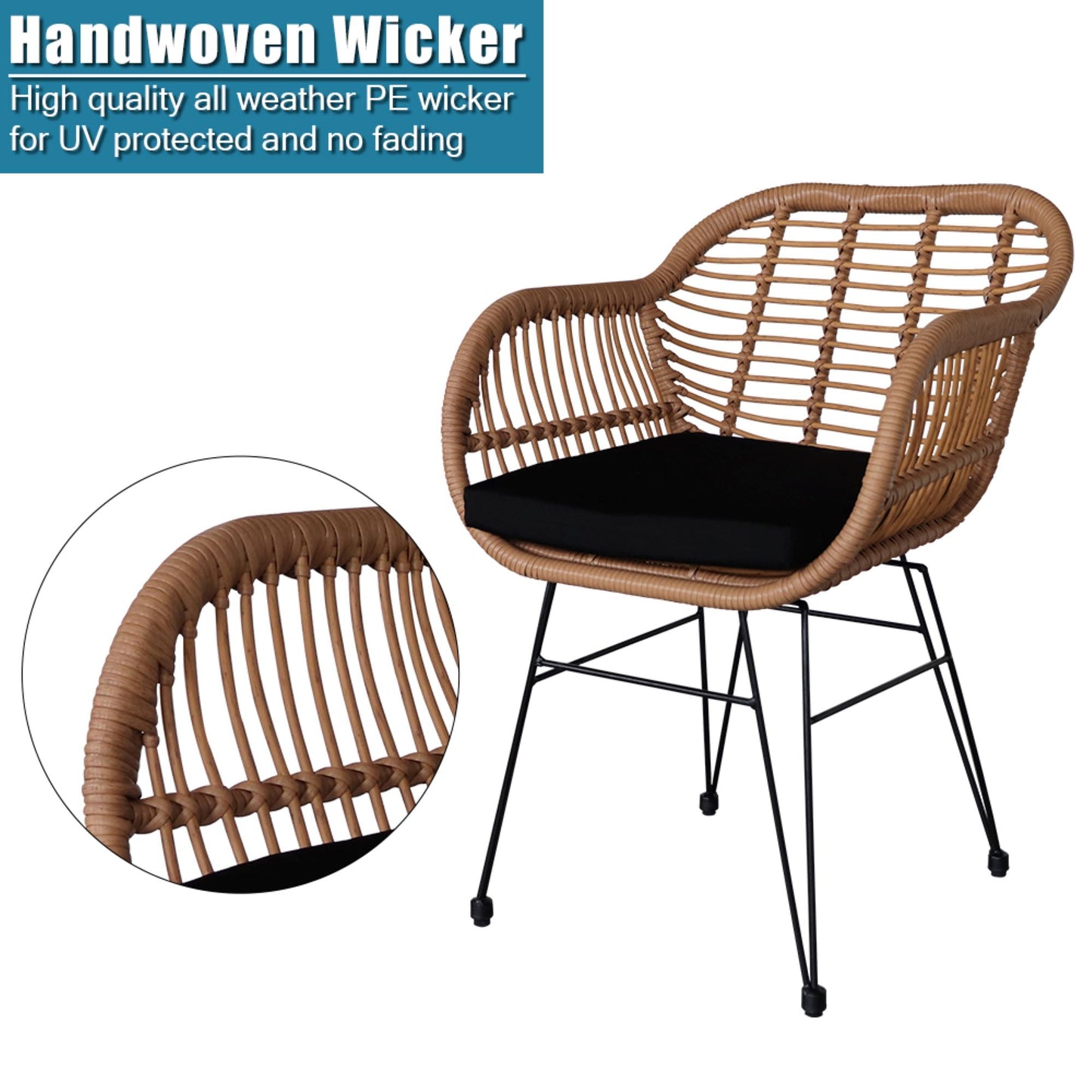 COOKCOK 3 Pcs Wicker Rattan Patio Conversation Set, Handmade Set with Cushions, for Backyard, Yellow