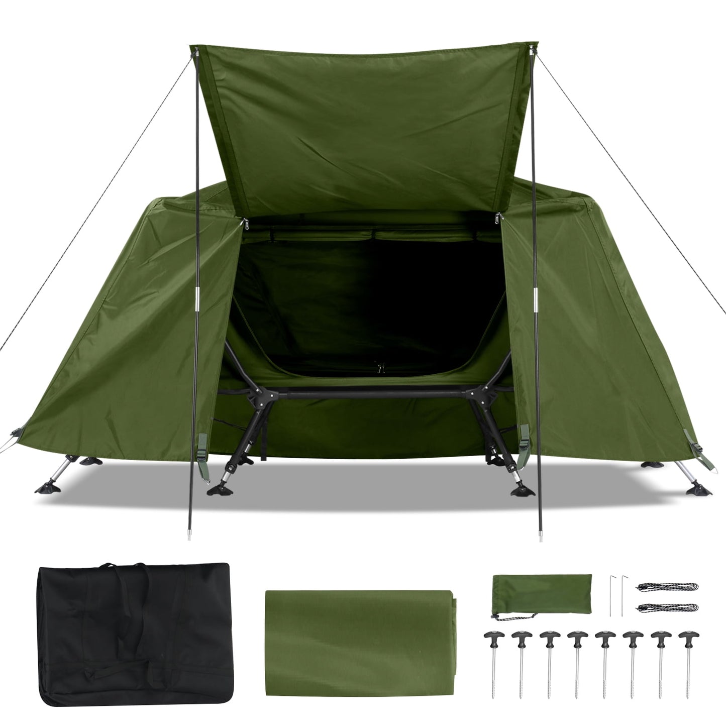 COOKCOK Camping Tent, with Storage Bag, Adjustable Feet, Iron Stands, Camping Bed, 84.6"x 34.5"x 49.2", Army Green