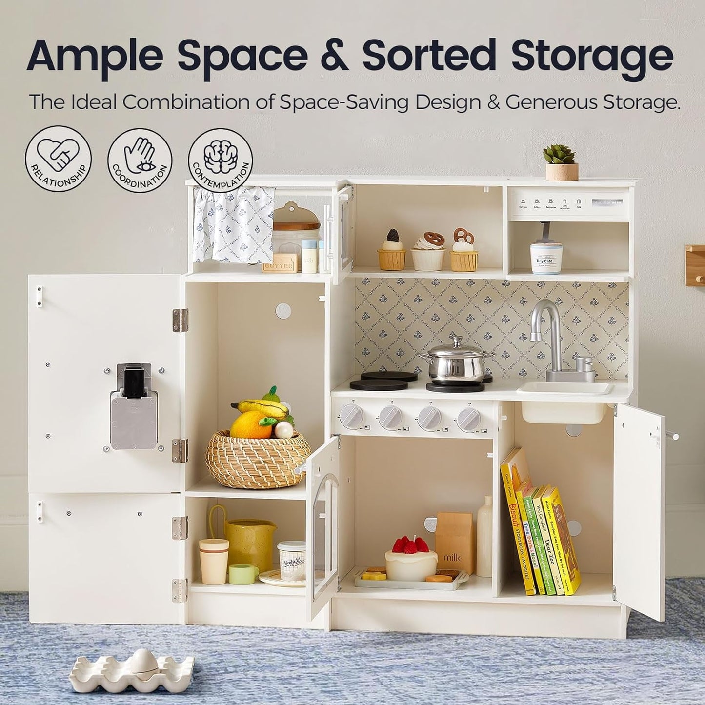 Track Seven Play Kitchen for Kids, Upgraded Wooden Kitchen Toy with Complete Play Areas, Pretend Cooking Set with Sink, Stove, Microwave, Toy Coffee Station & Storage for Kids Ages 3+, White