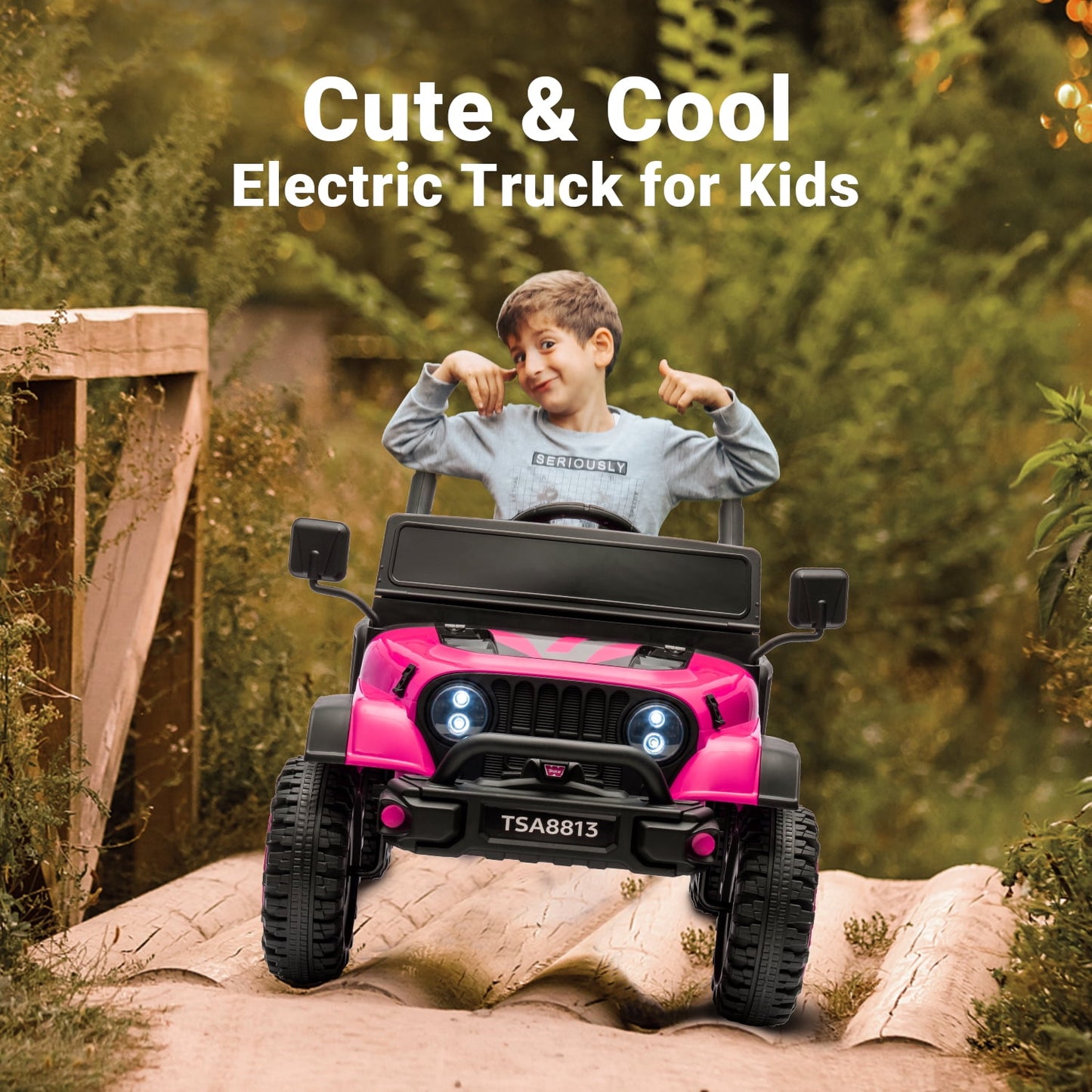 Track Seven 24V Ride on Truck, Electric Car for Boys Girls, Ride on Car with Remote Control, Music, Bluetooth, Lights, Spring Suspension, Max Speed 5 mph, Pink
